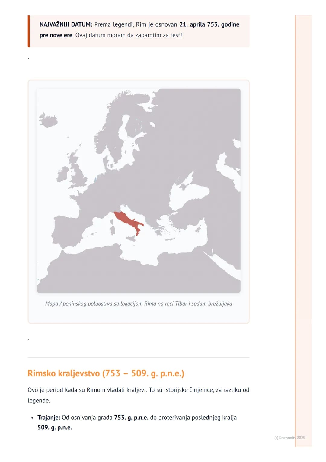 # Osnivanje Rima i Rimsko
kraljevstvo

Uvod u nastanak Rima

Rim je nastao na Apeninskom poluostrvu (danas Italija). Osnovan je na reci Tiba