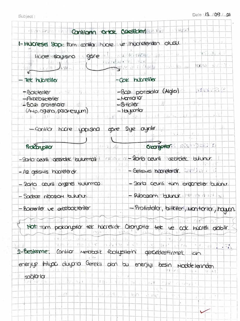 Subject:
Canlilanın ortak Özellikleri
-Hucresel yapı: tum conlilar hucre Je hucrelerden oluşur.
Hücre sayısına
gore
Tek hücreliler
-Baktenle