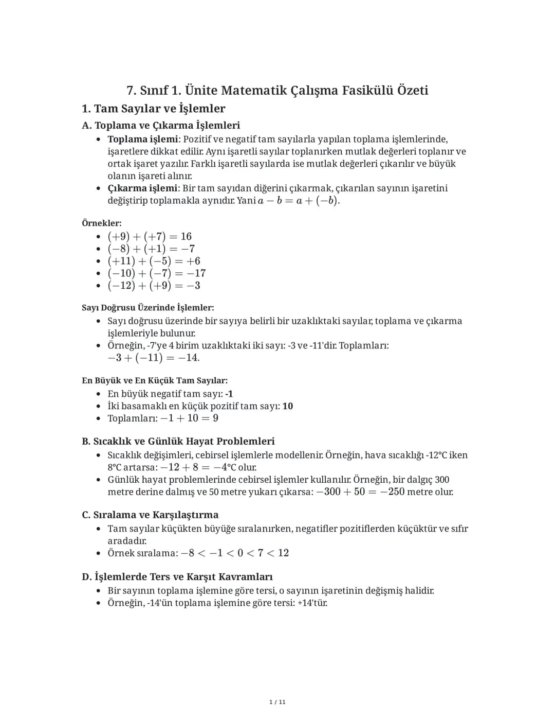 # 7. Sınıf 1. Ünite Matematik Çalışma Fasikülü Özeti

# 1. Tam Sayılar ve İşlemler

## A. Toplama ve Çıkarma İşlemleri

* Toplama işlemi: Po