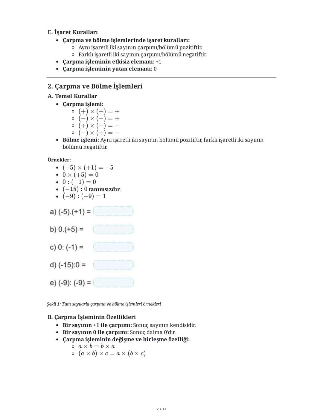 # 7. Sınıf 1. Ünite Matematik Çalışma Fasikülü Özeti

# 1. Tam Sayılar ve İşlemler

## A. Toplama ve Çıkarma İşlemleri

* Toplama işlemi: Po