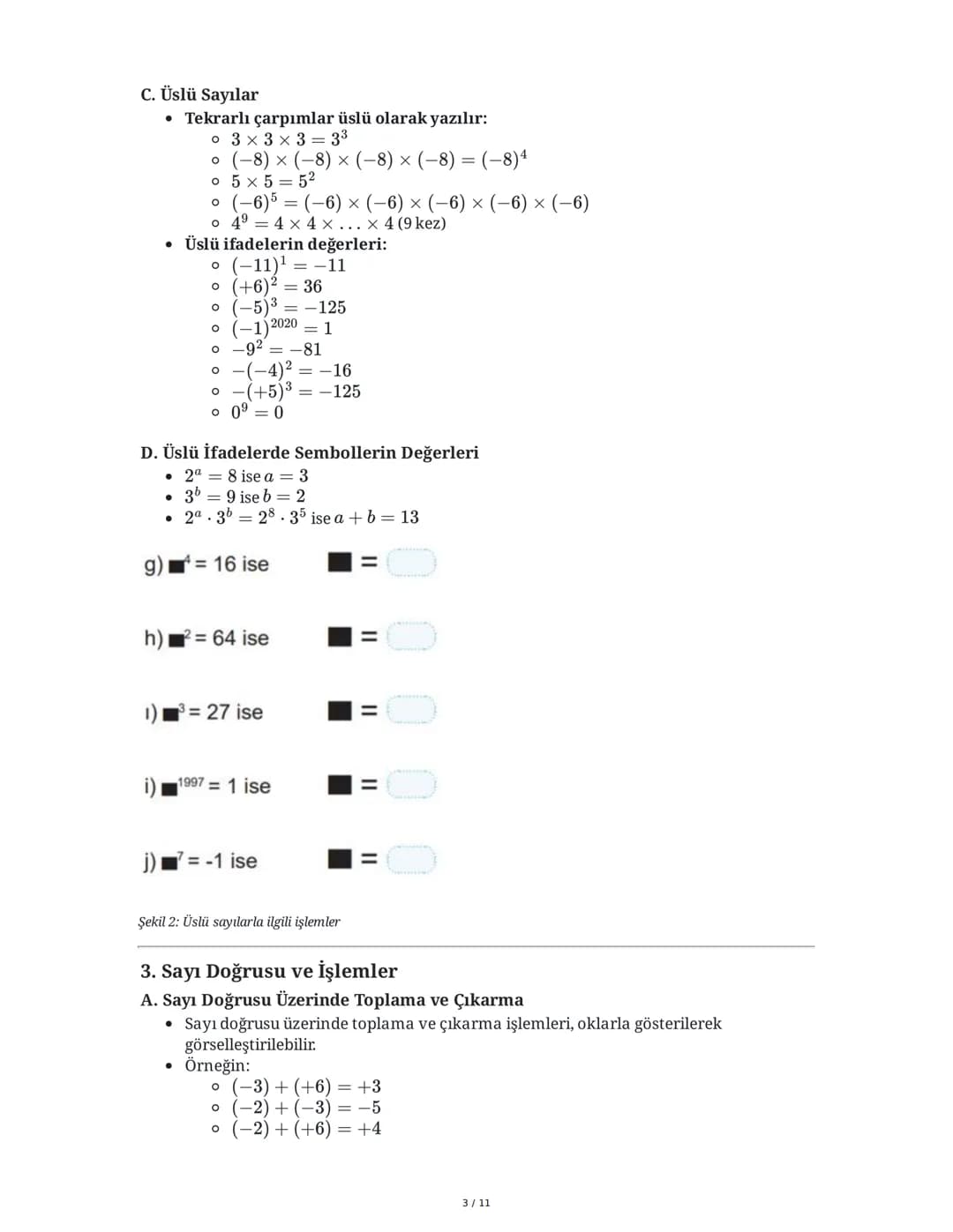 # 7. Sınıf 1. Ünite Matematik Çalışma Fasikülü Özeti

# 1. Tam Sayılar ve İşlemler

## A. Toplama ve Çıkarma İşlemleri

* Toplama işlemi: Po