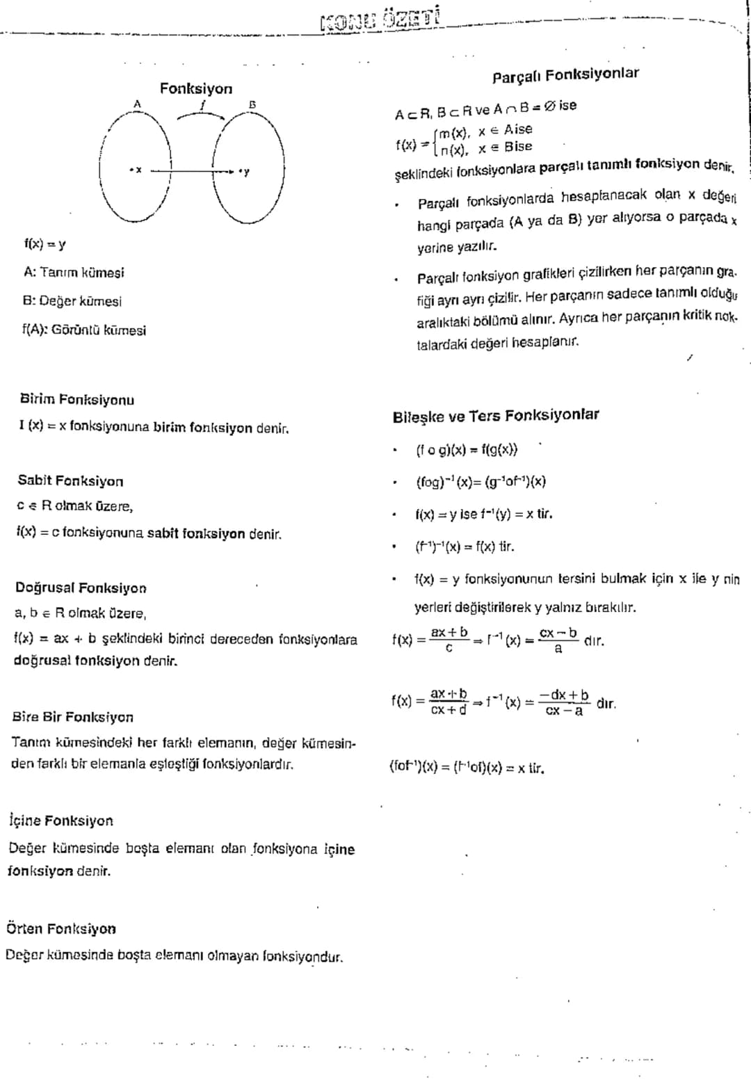 f(x)=y
A: Tanım kümesi
B: Değer kümesi
f(A): Görüntü kūmesi
Fonksiyon
B
KONU ÖZETİ
Parçalı Fonksiyonlar
'
ACR, BCR ve AB=0 ise
f(x)=
(m(x), 