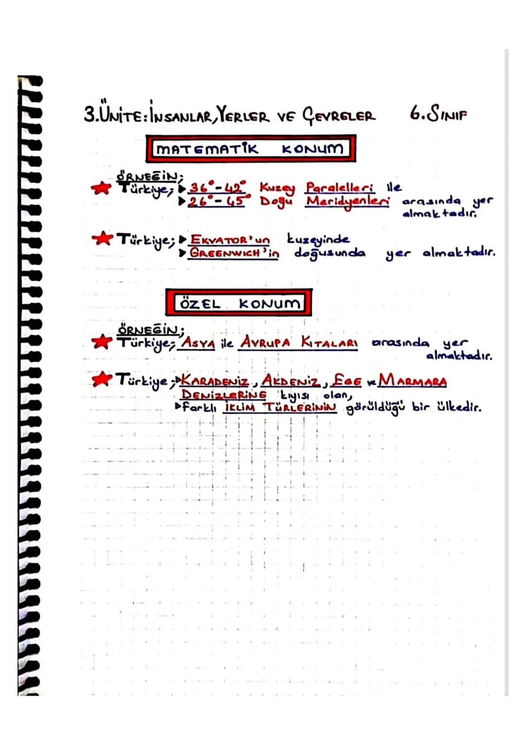 3. ÜNİTE: İNSANLAR, YERLER VE GEVRELER 6.SINIF
MATEMATIK
SRNEGIN;
KONUM
Türkiye; 36°-42° Kuzey Paralelleri lle
►26°-45° Doğu Meridyenleri ar