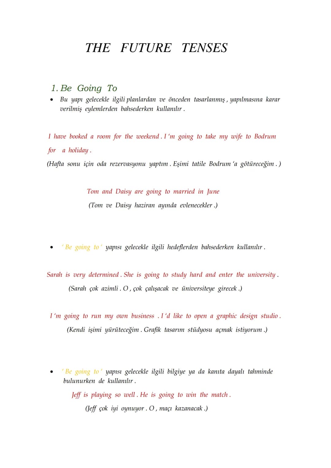 THE FUTURE TENSES
•
1. Be Going To
Bu yapı gelecekle ilgili planlardan ve önceden tasarlanmış, yapılmasına karar
verilmiş eylemlerden bahsed