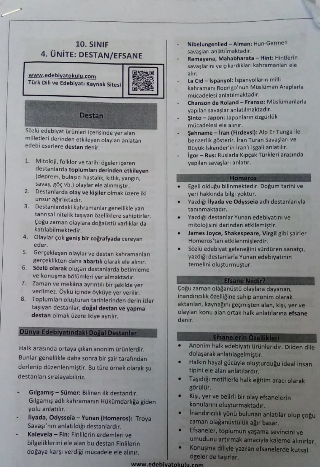 10. SINIF
4. ÜNİTE: DESTAN/EFSANE
www.edebiyatokulu.com
Türk Dili ve Edebiyatı Kaynak Sitesi
Destan
Sözlü edebiyat ürünleri içerisinde yer a