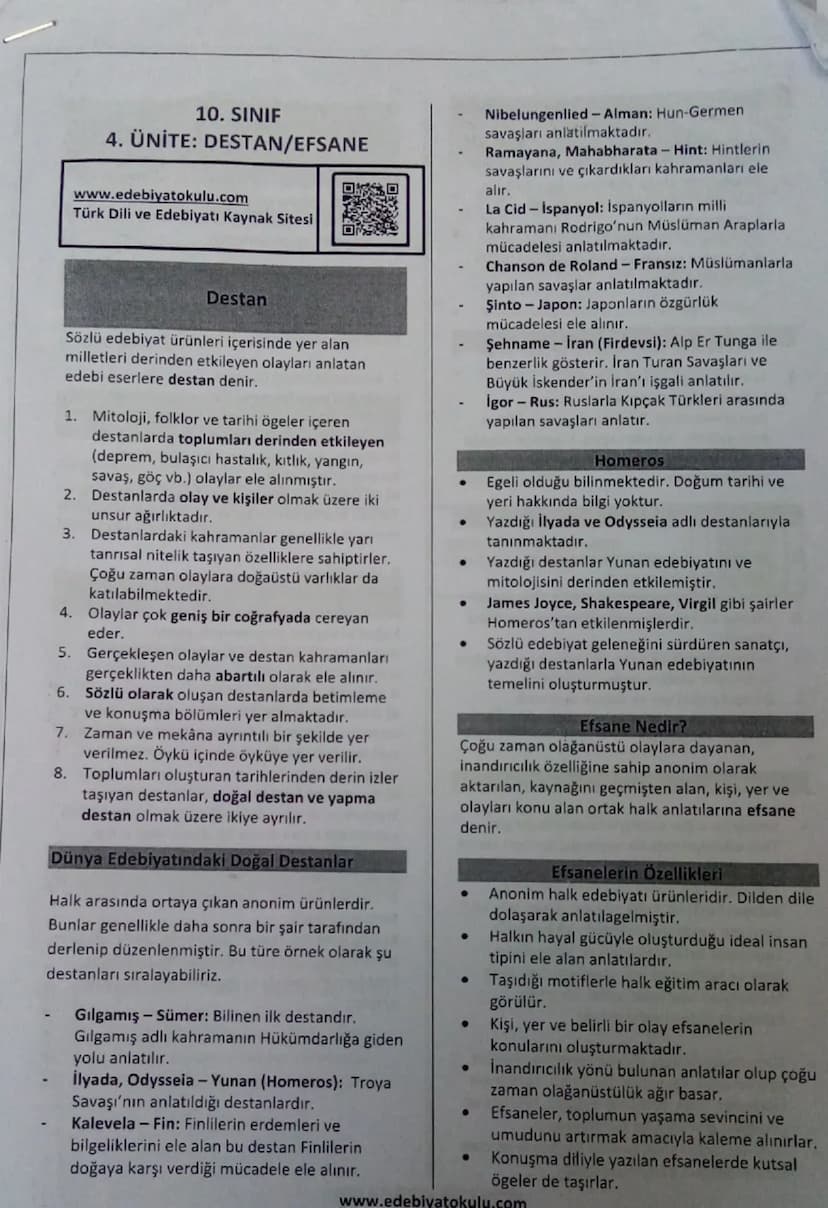 10. SINIF
4. ÜNİTE: DESTAN/EFSANE
www.edebiyatokulu.com
Türk Dili ve Edebiyatı Kaynak Sitesi
Destan
Sözlü edebiyat ürünleri içerisinde yer a