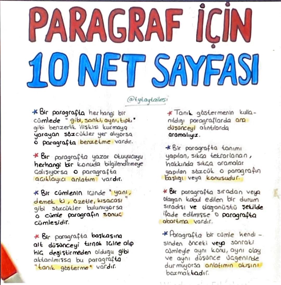 PARAGRAF İCİN
10 NET SAYFASI
@tytaylailesi
*Bir paragrafta her hangi bir
cümlede "gibi, sanki, aynı, tıpkı"
gibi benzerlik ilişkisi kurmaya
