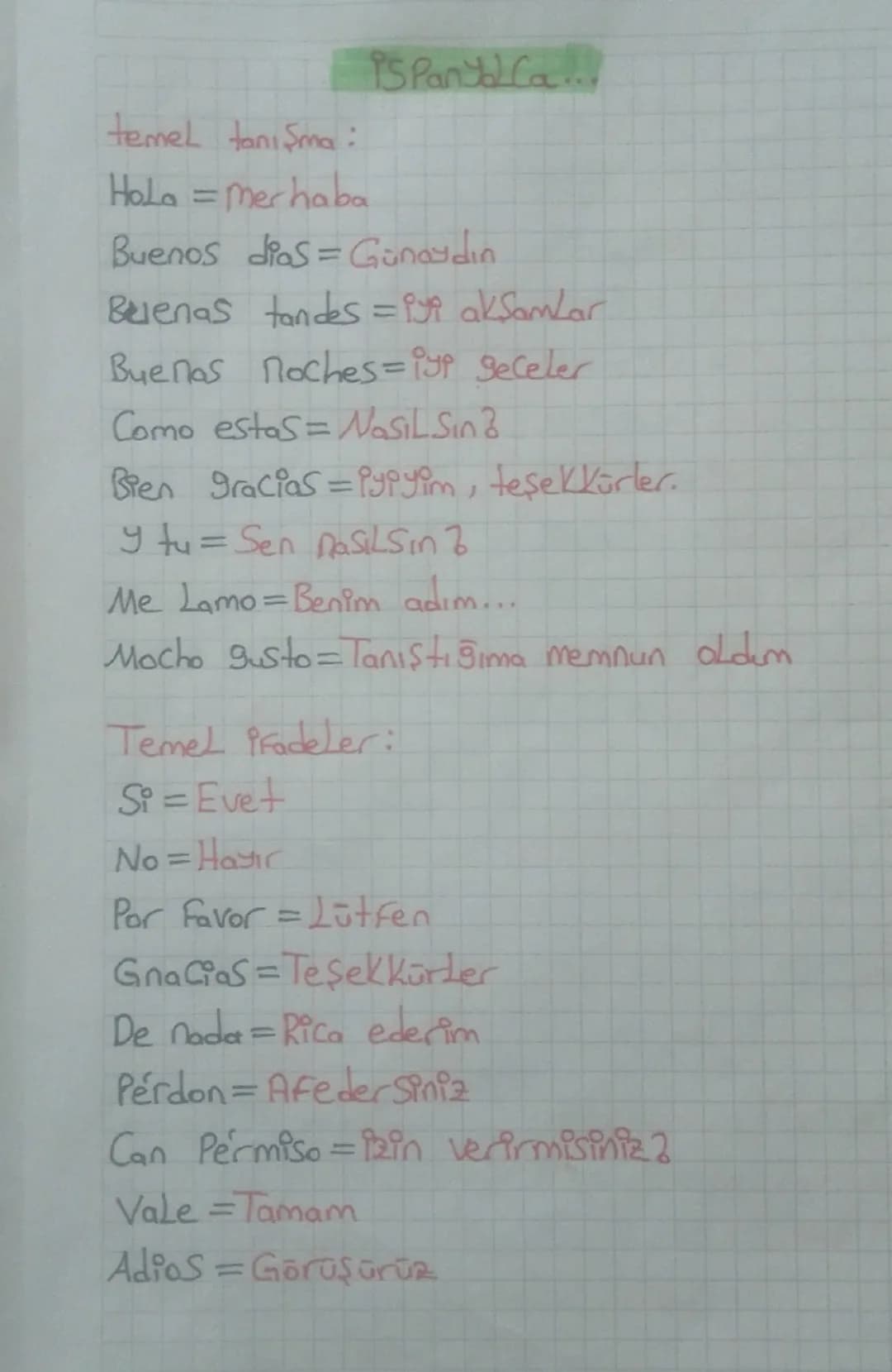 --- OCR Start ---
temel tanışma:
HoLa= Merhaba
ISPandCa...
Buenos diaS=Ginaydin
Belenas tan~6s=l\pi~aLSamLar
Buenas noches="y9 geceler
Como 