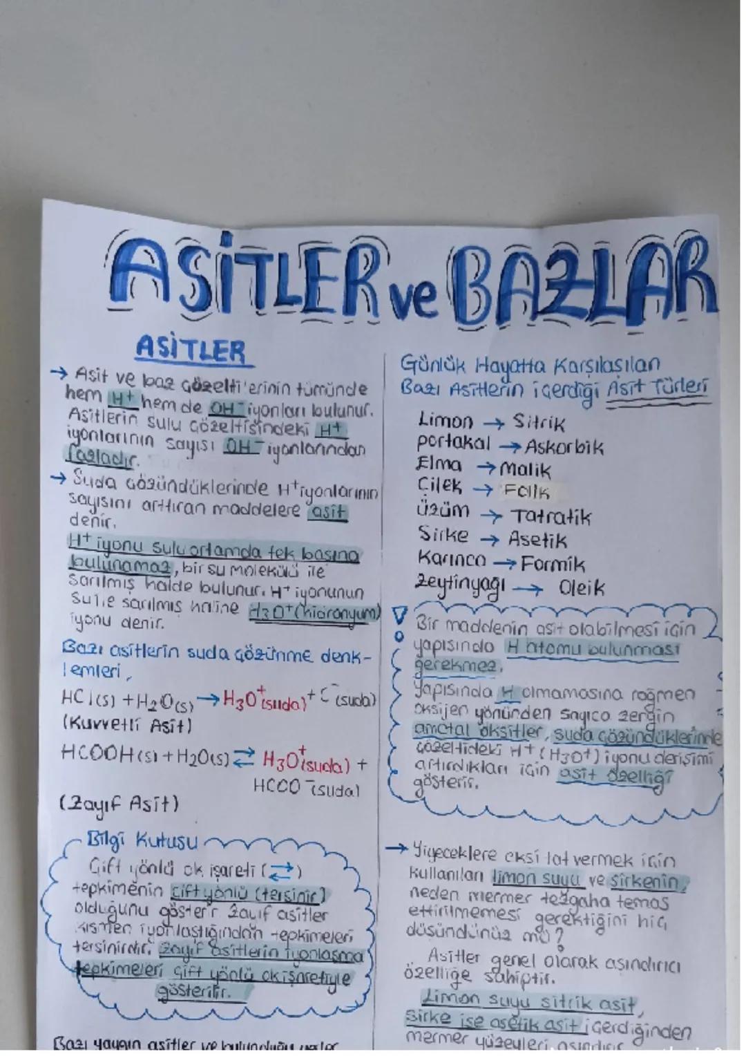 ASİTLER ve BAZLAR
ASITLER
→ Asit ve baz gözeltilerinin tümünde
hem Ht hem de OH iyonları bulunur.
Asitlerin sulu Gözeltisindeki H+
iyonların