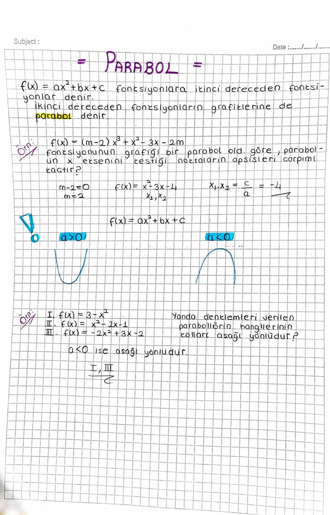 Subject:

= PARABOL =

Date :......./................

f(x) = ax²+bx+c fonksiyonlara ikinci dereceden fontsi-
yonlar denir.

İkinci derecede