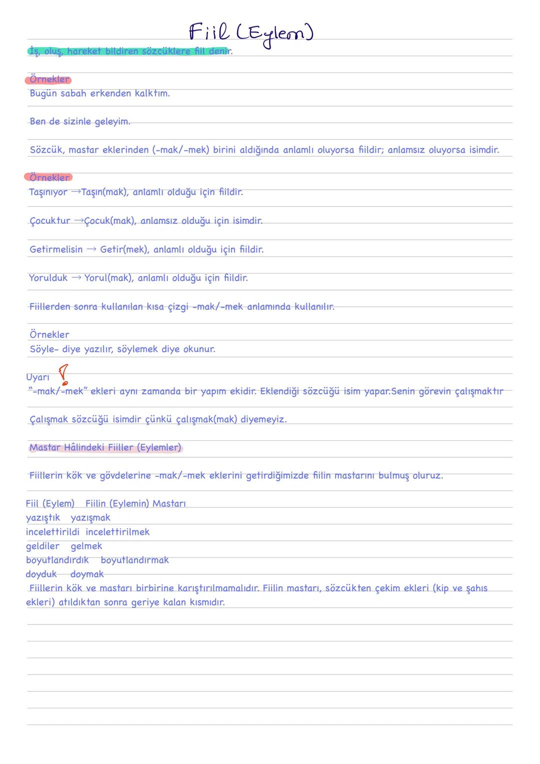 Fiil (Eylem)
İş, oluş, hareket bildiren sözcüklere fill denir.
Örnekler
Bugün sabah erkenden kalktım.
Ben de sizinle geleyim.
Sözcük, mastar