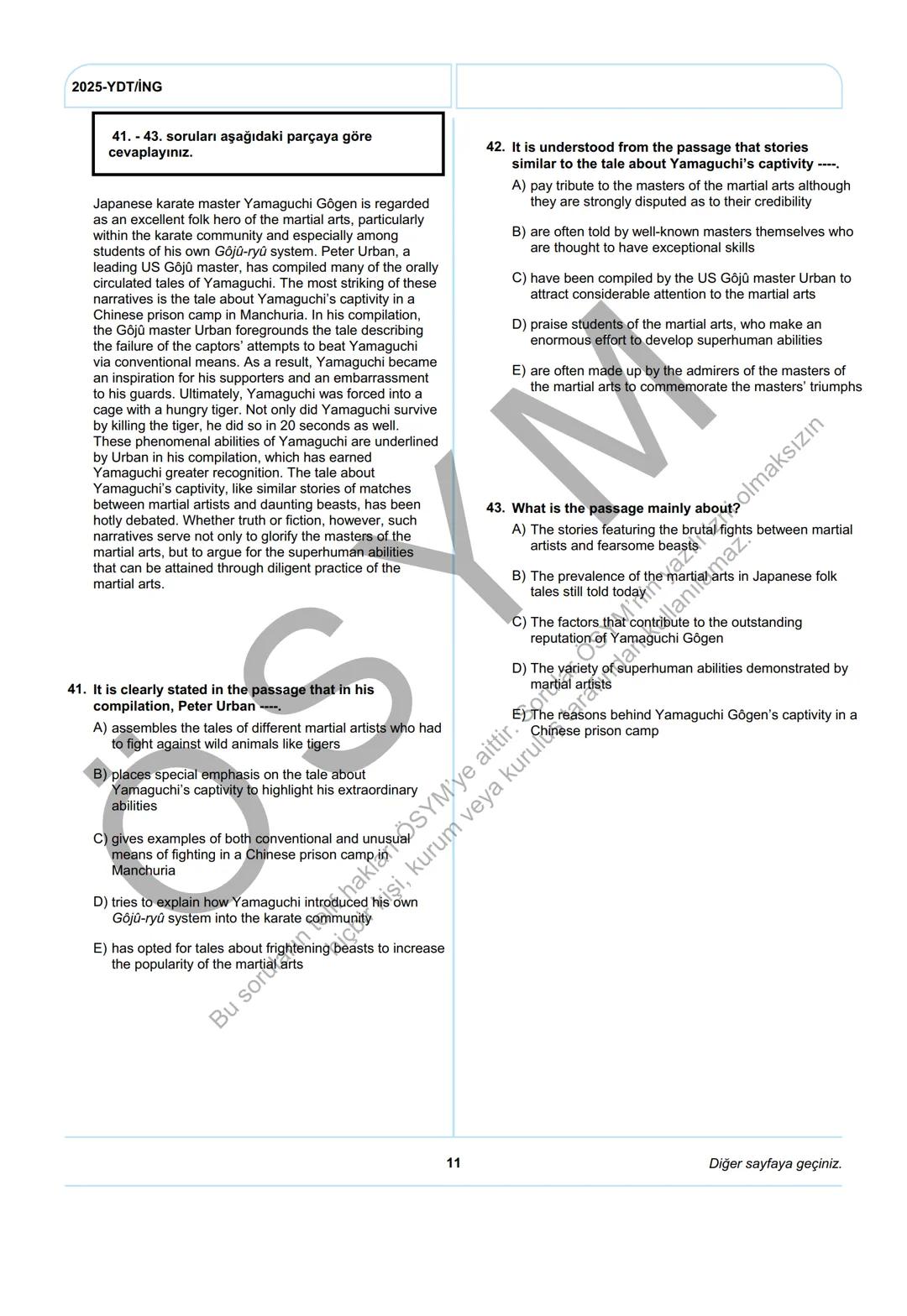 ÖSYM
T.C. Ölçme, Seçme ve Yerleştirme Merkezi
YÜKSEKÖĞRETİM KURUMLARI SINAVI
YABANCI DİL TESTİ (2025-YDT)
İNGİLİZCE
22 HAZİRAN 2025 PAZAR
Bu