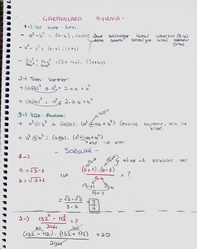 GARPANLARA
1-) iki
kare
2
farts;
AYIRMA-
a²-b² = (a-b). (a+b)) once birinciyle
- x²- y² = (x-x). (x+y)
daha
Sonra
9x² - 16×² =(3x-4x). (3x+4