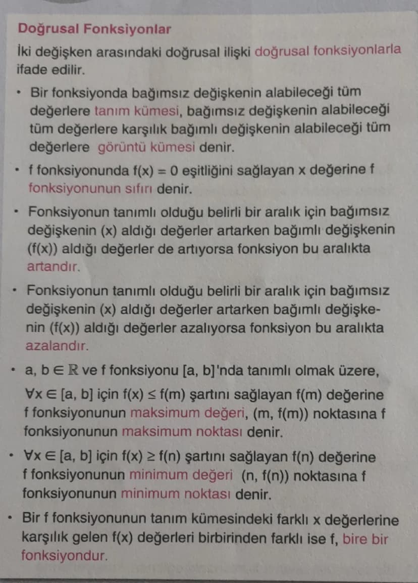 •
B
9
9
Doğrusal Fonksiyonlar
İki değişken arasındaki doğrusal ilişki doğrusal fonksiyonlarla
ifade edilir.
Bir fonksiyonda bağımsız değişke