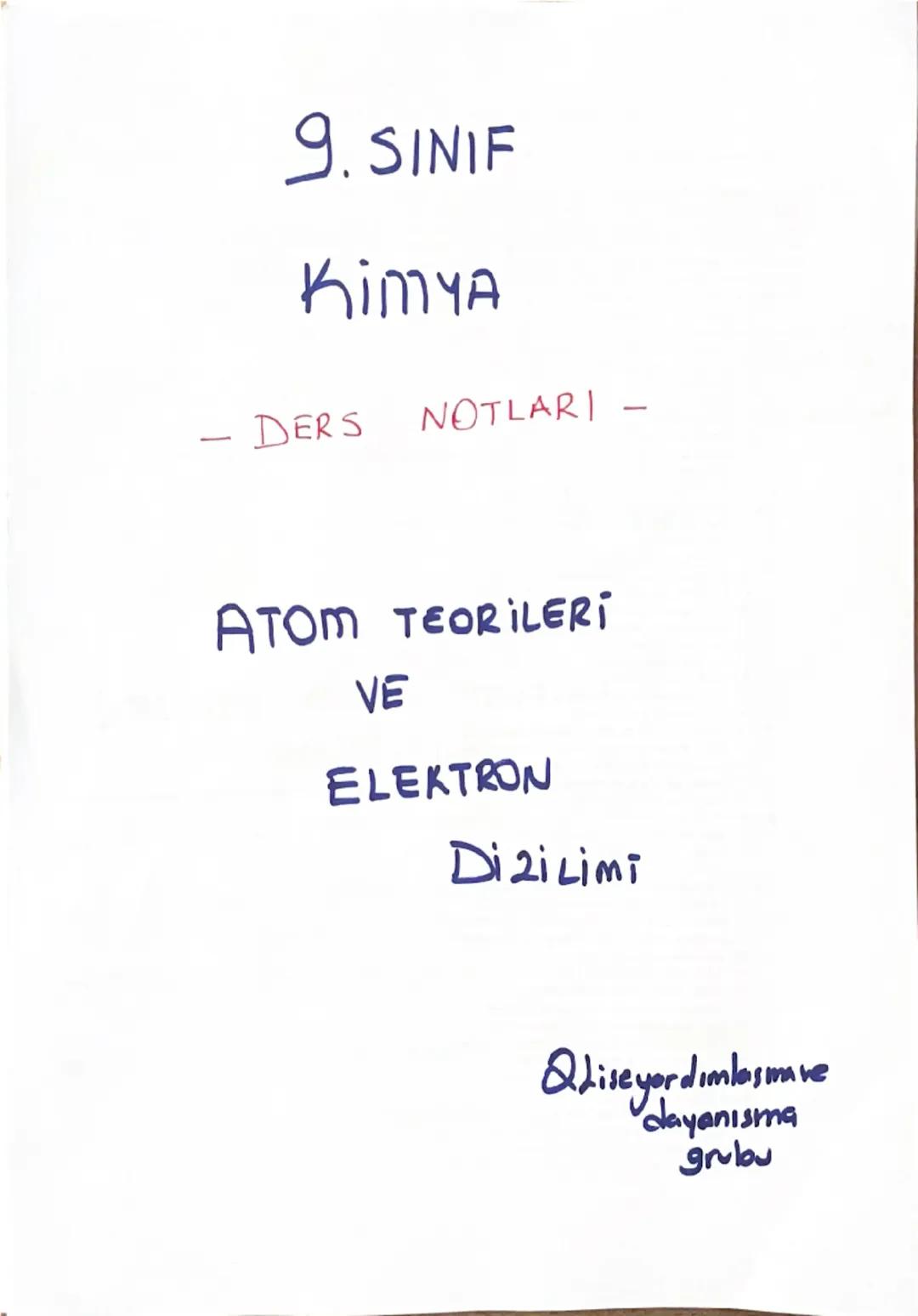 9. SINIF
Kimya
- DERS NOTLARI
-
ATOM TEORİLERİ
VE
ELEKTRON
Dizi Limi
Qdise yardımlasmave
dayanısma
grubu ATOM TEORİLERİ
1) Dalton Atom Teori