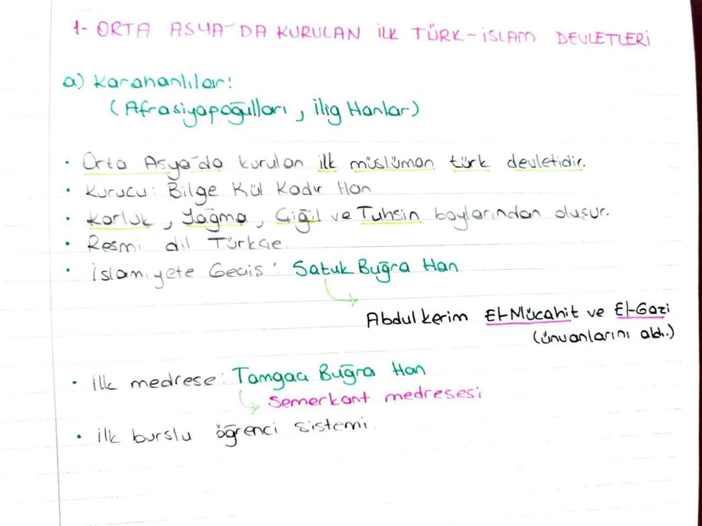 1- ORTA ASYA DA KURULAN İLK TÜRK-ISLAM DEVLETLERİ
a) karahanlılar:
•
•
.
.
(Afrasiyapoğulları, ilig Hanlar)
Orta Asya'da kurulan ilk müslüma