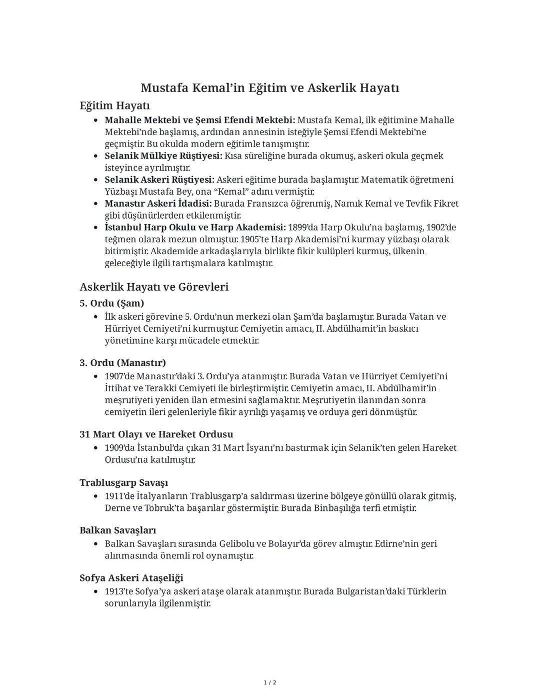 Mustafa Kemal'in Eğitim ve Askerlik