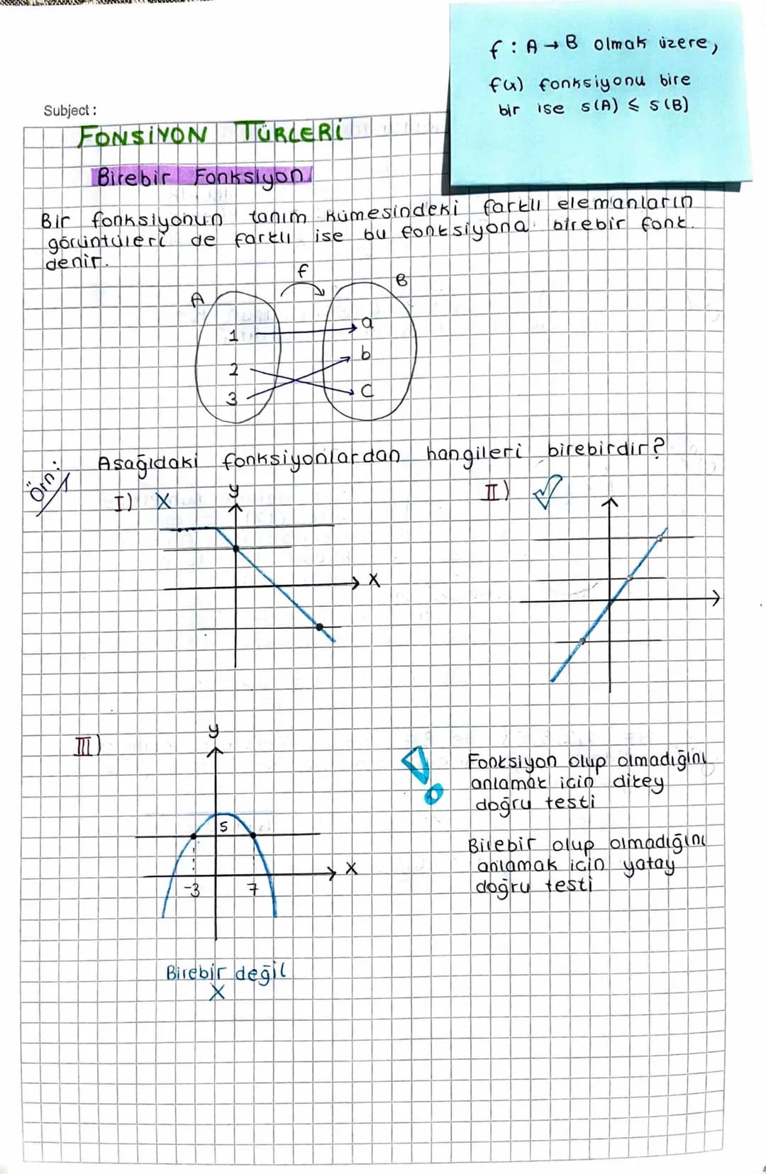 Subject:
FONSIYON
TÜRLERİ
Birebir Fonksiyon.
-
f: A B olmak üzere,
fa) fonksiyonu bire
bir ise s(A) ≤ 5 (B)
Bir fonksiyonun
tanım kümesindek
