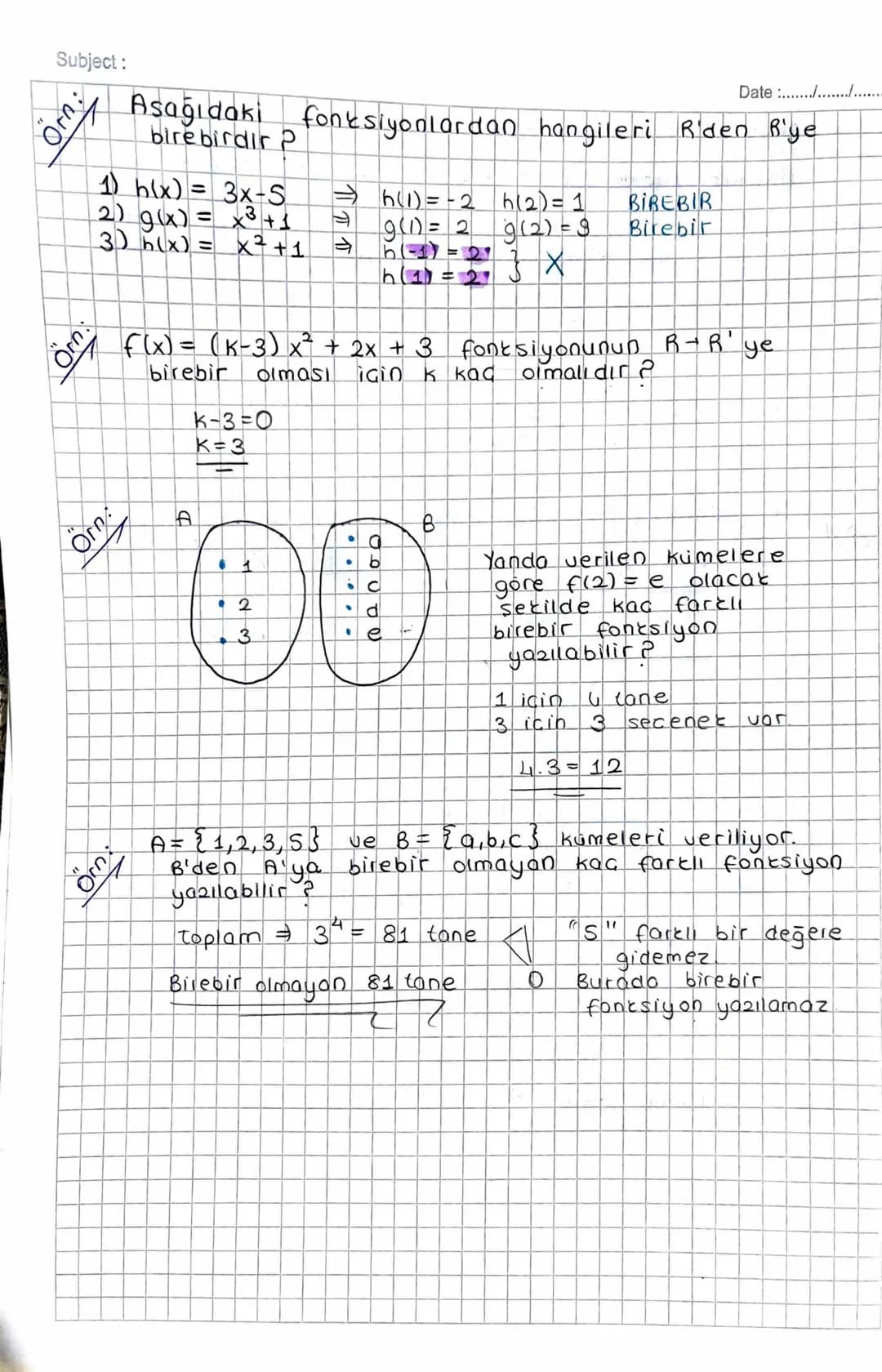 Subject:
FONSIYON
TÜRLERİ
Birebir Fonksiyon.
-
f: A B olmak üzere,
fa) fonksiyonu bire
bir ise s(A) ≤ 5 (B)
Bir fonksiyonun
tanım kümesindek