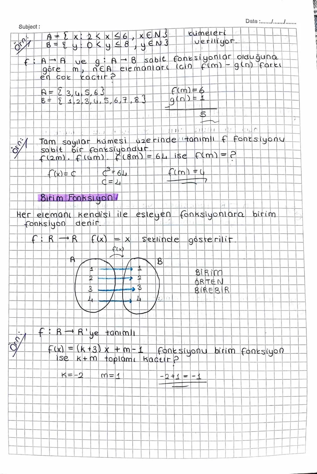 Subject:
FONSIYON
TÜRLERİ
Birebir Fonksiyon.
-
f: A B olmak üzere,
fa) fonksiyonu bire
bir ise s(A) ≤ 5 (B)
Bir fonksiyonun
tanım kümesindek
