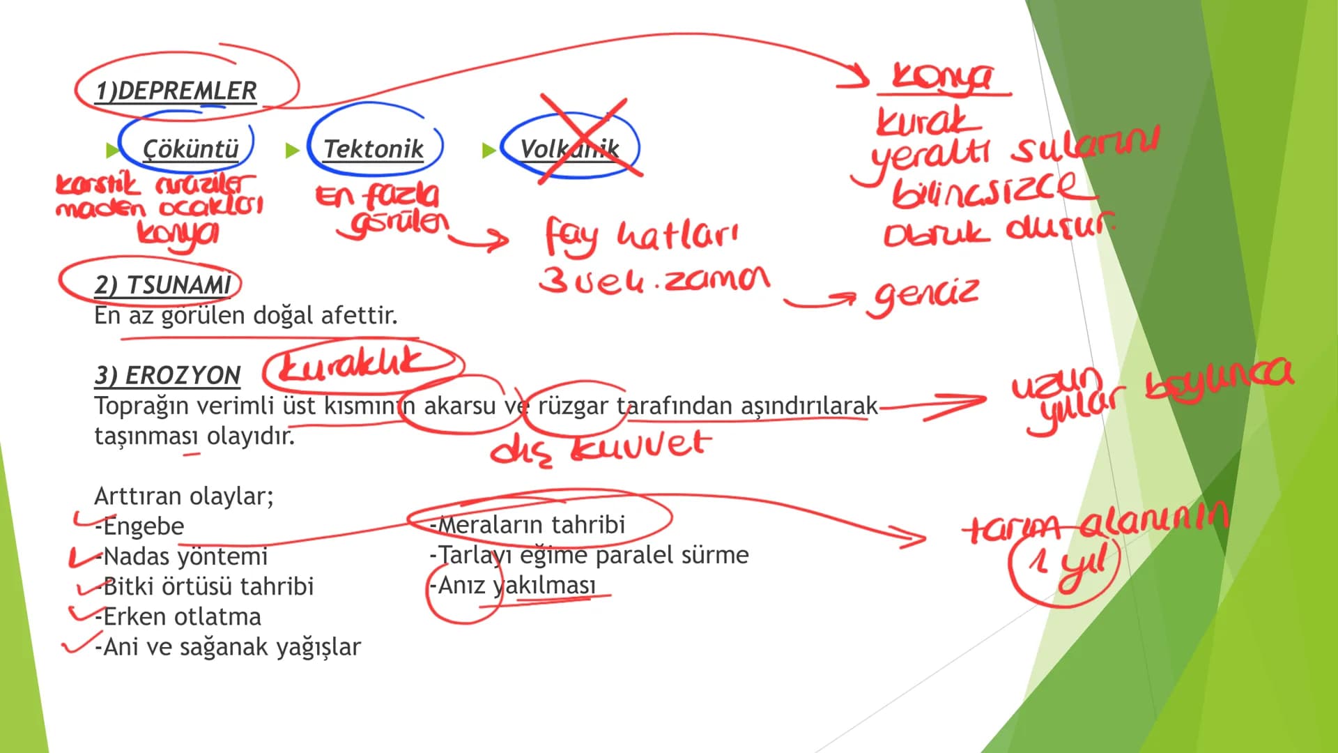 TÜRKİYE'DE DOĞAL
AFETLER 1)DEPREMLER
Çöküntü
karstik araziler
maden ocakla
konya
Tektonik
Volkanik
En fazla
görüler
Konya
kurak
yeraltı sula