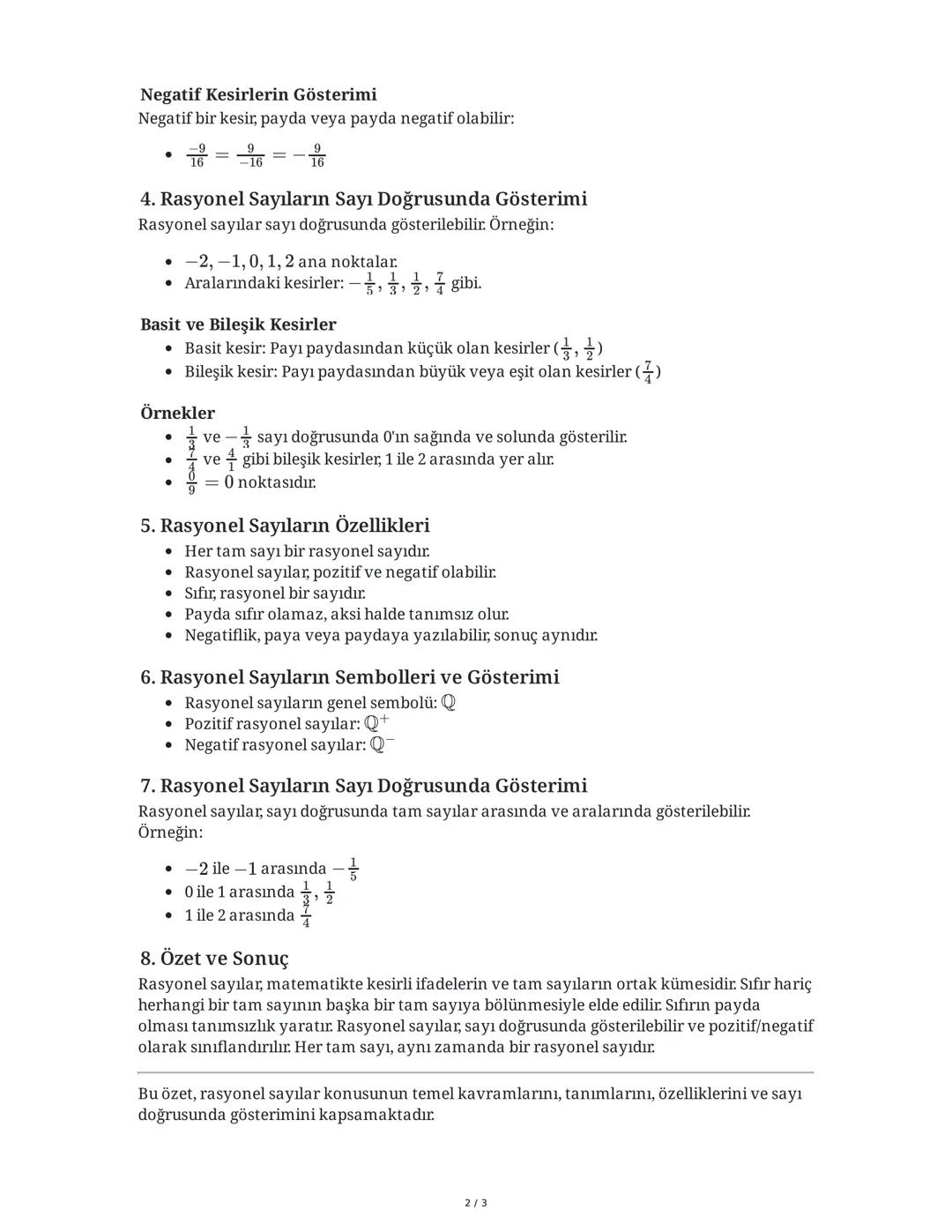 Rasyonel Sayılar Konu Özeti
1. Rasyonel Sayıların Tanımı ve Temel Özellikleri
Rasyonel sayılar, bir tam sayının başka bir tam sayıya (sıfır 