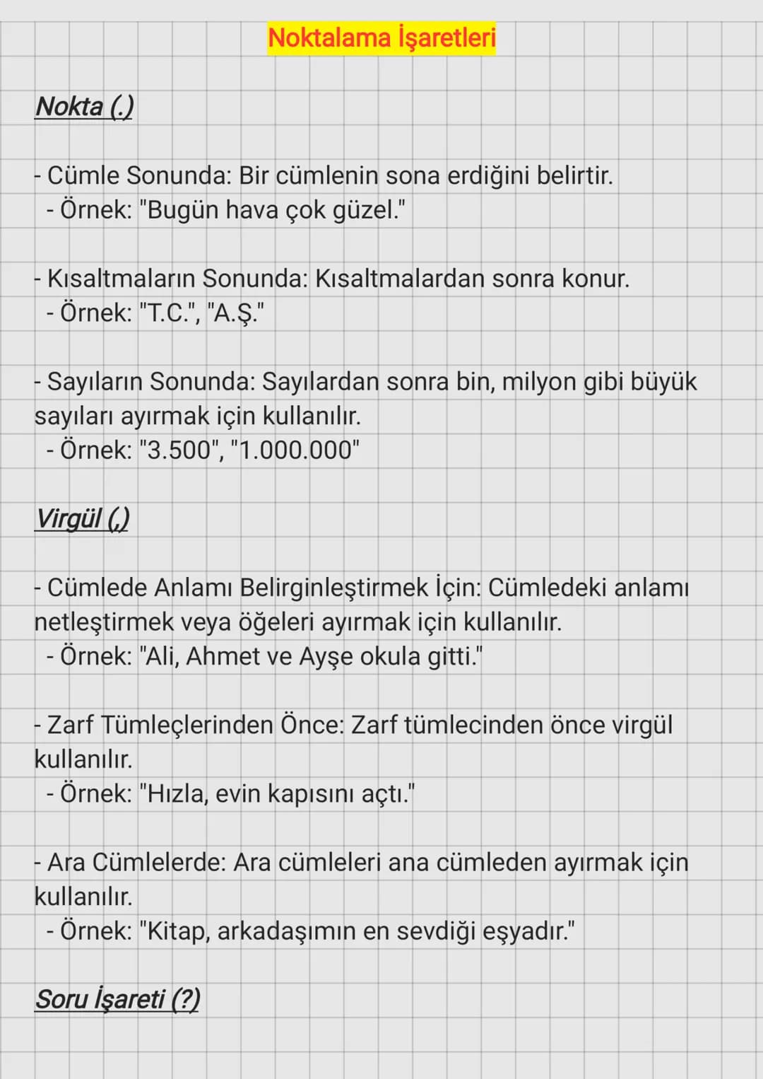 Noktalama İşaretleri
Nokta (.)
- Cümle Sonunda: Bir cümlenin sona erdiğini belirtir.
- Örnek: "Bugün hava çok güzel."
- Kısaltmaların Sonund