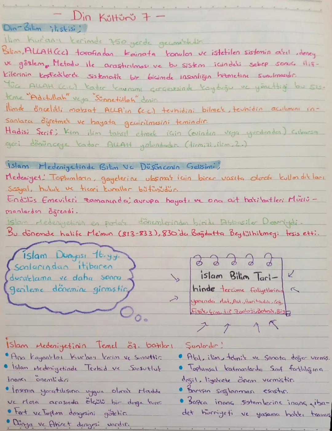 --- OCR Start ---
Din Kültürü 7-
Din Bilim ilişkisi
İlim Kur'anı kerimde 750 yerde geçmektedir.
Bilim, ALLAH (CC) tarafından kainata konulan