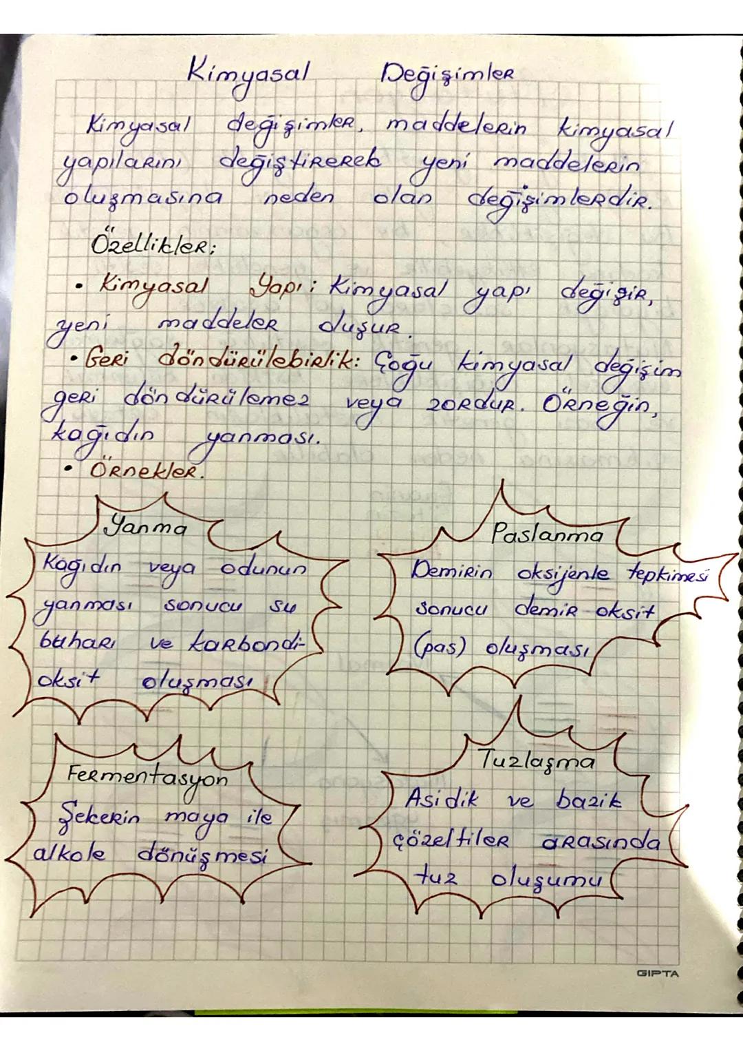 Kimyasal Değişimler
Kimyasal değişimler, maddelerin kimyasal
yapılarını değiştirerek yeni maddelerin
olan değişimlerdir.
oluşmasına
•
Ozelli