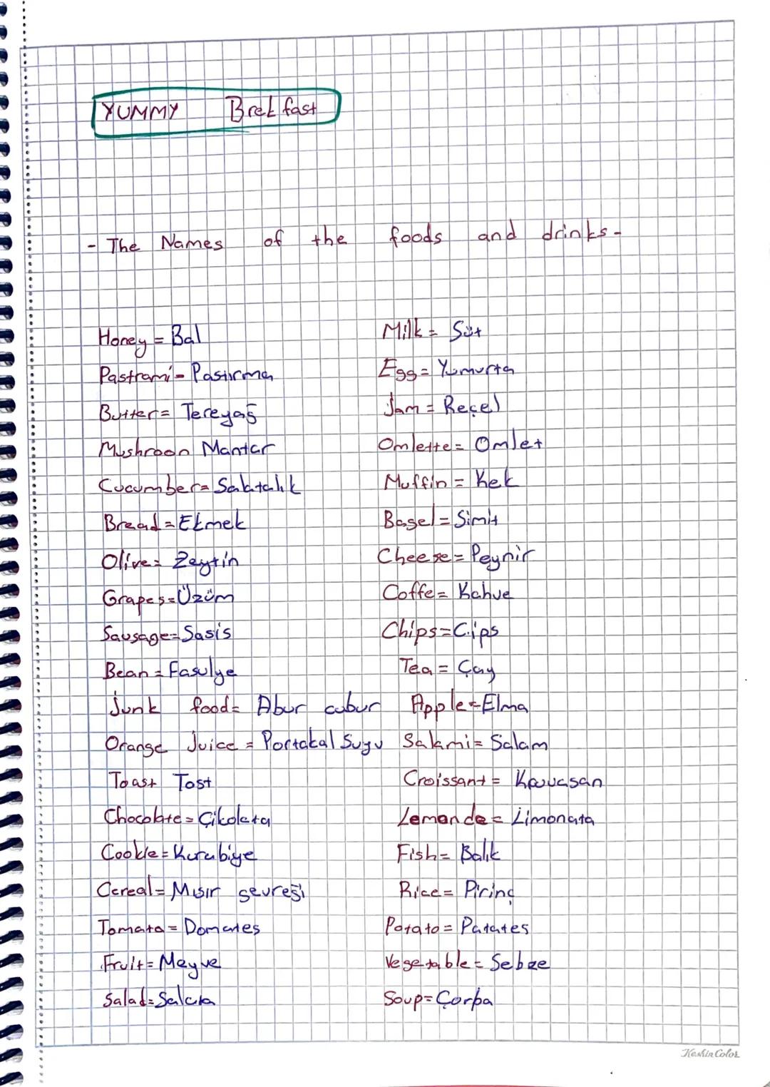 YUMMY
Brekfast
The Names
of the
foods
and drinks -
Honey = Bal
Pastrami Pasirma
Butter= Tereyağ
Mushroon Mantar
Cucumber Salatalık
Bread= Et