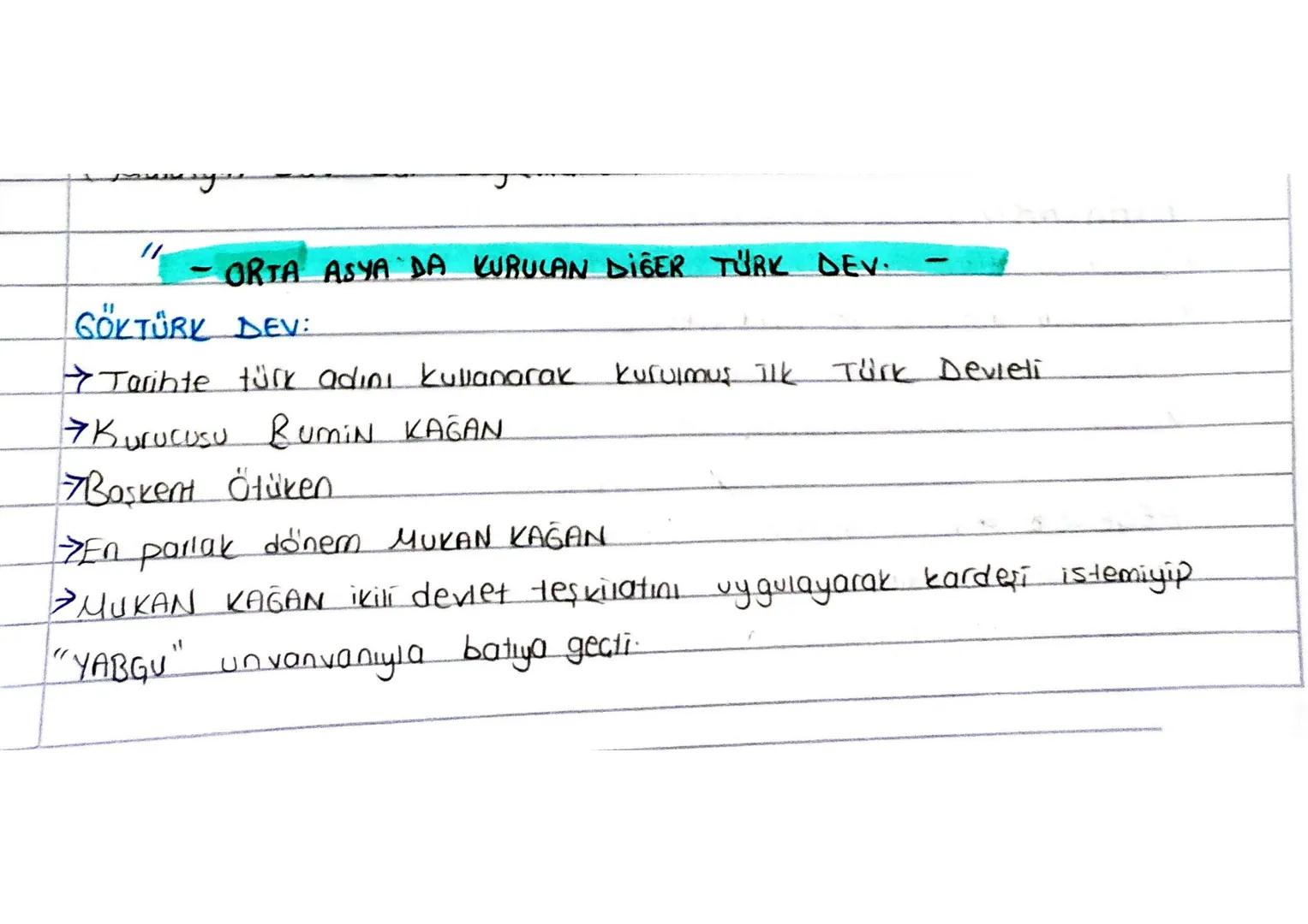 //
ORTA ASYA DA KURULAN DİĞER TÜRK DEV.

GÖKTÜRK DEV:

→Tarihte türk adını kullanarak kurulmuş Tik Türk Devleti

→ Kurucusu RUMIN KAGAN

Baş