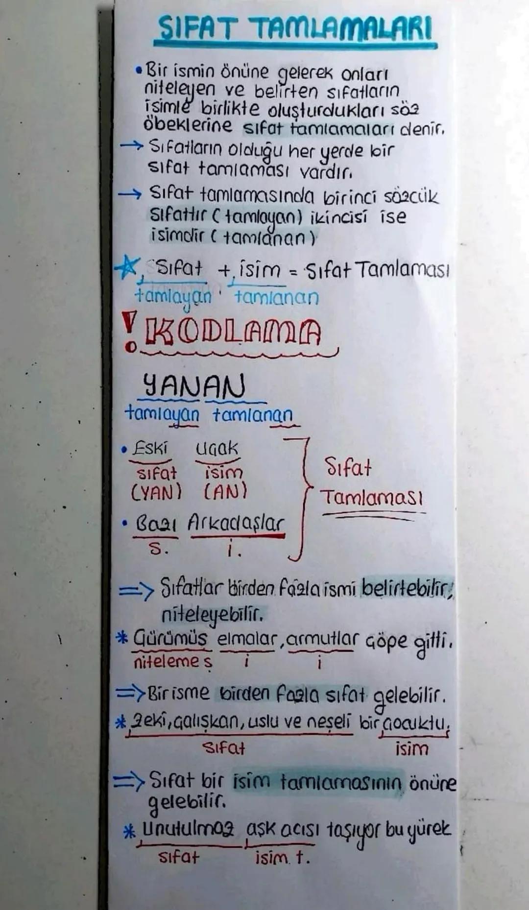 SIFAT TAMLAMALARI
•Bir ismin önüne gelerek onlari
niteleyen ve belirten sifatların,
isimle birlikte oluşturdukları söz
öbeklerine sıfat taml