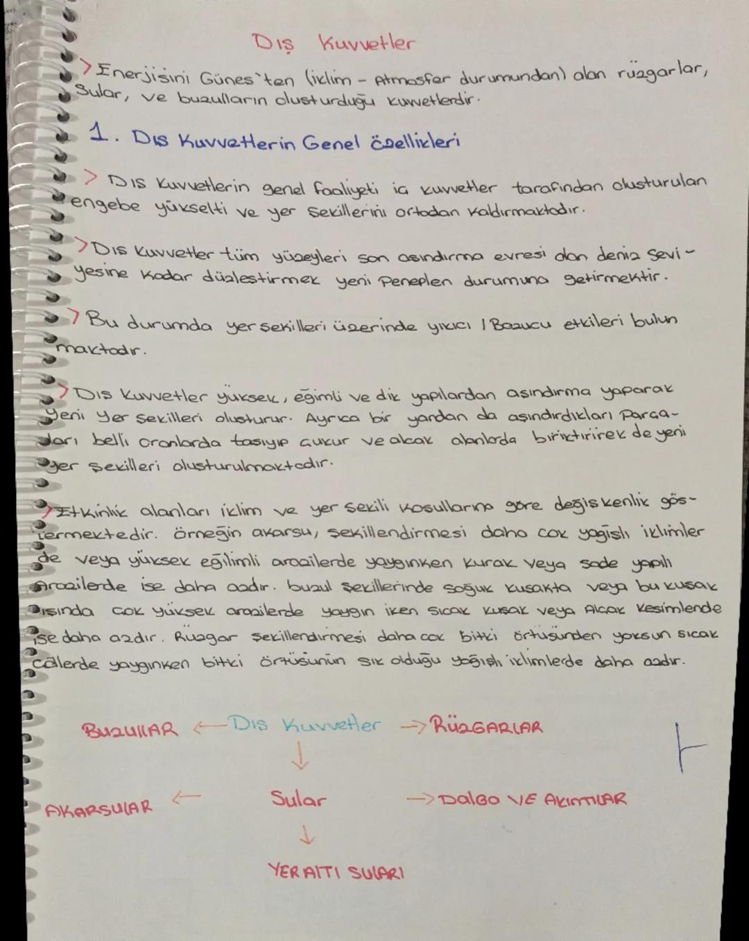 # Diş Kuvvetler

> Enerjisini Günes'ten (iklim - Atmosfer durumundan) alan rüzgarlar,
Sular, ve buzulların olusturduğu kuwetlerdir.

1. Dis 