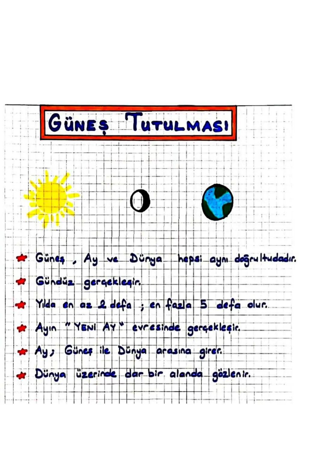 GÜNEŞ VE AY TUTULMASININ
ORTAK ÖZELLİKLERİ
1. Günes, Ay ve Dünya aynı doğrultudadır.
2. Tam gölge olayı oluşur..
3. Işık doğrusal yayılır.
4