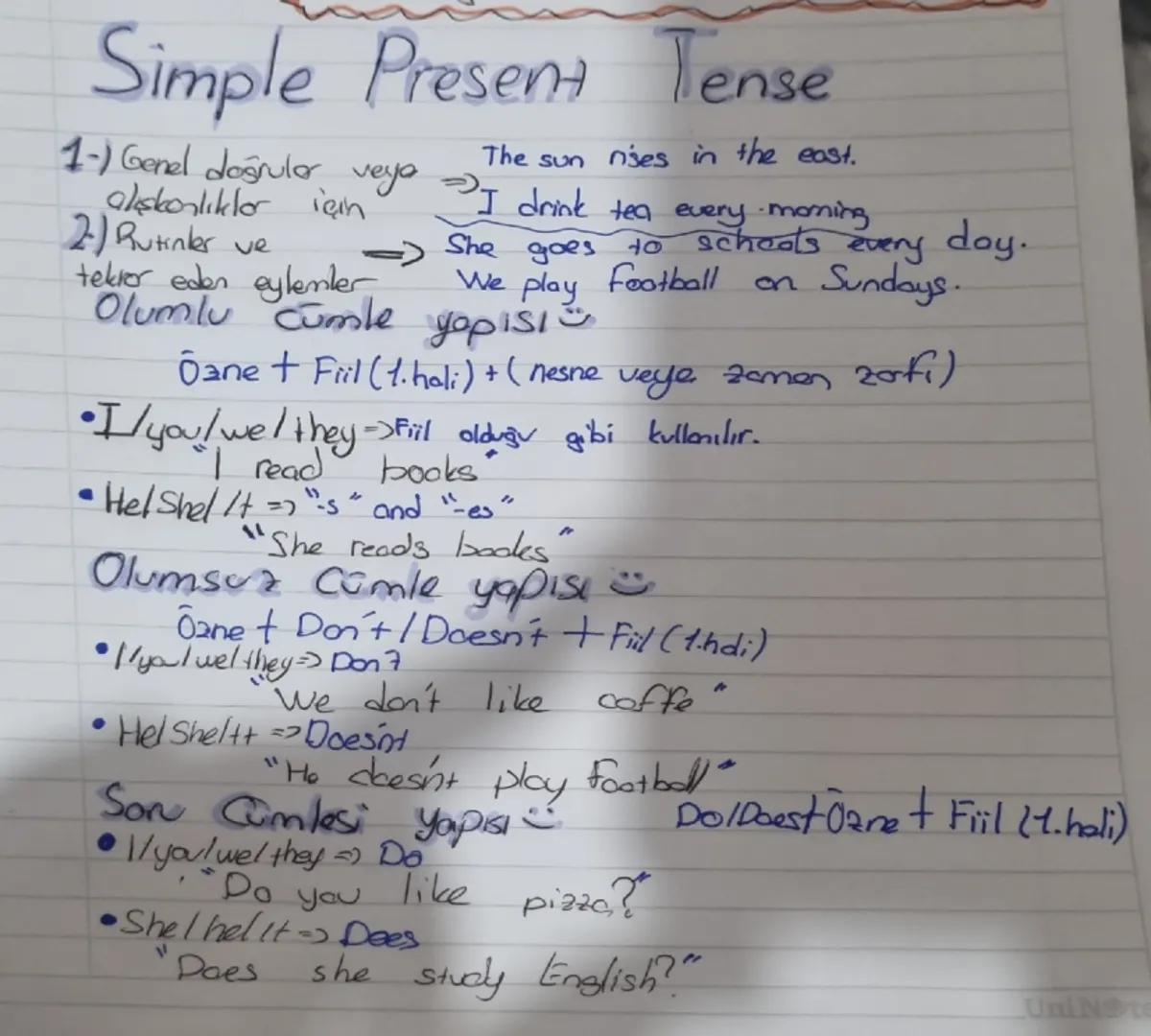 Simple
Present Tense

The sun
nises in the east.

1-) Genel doğrular veya I drink tea every morning
2) Rutinler ve
tekrer eden eylemler
She 