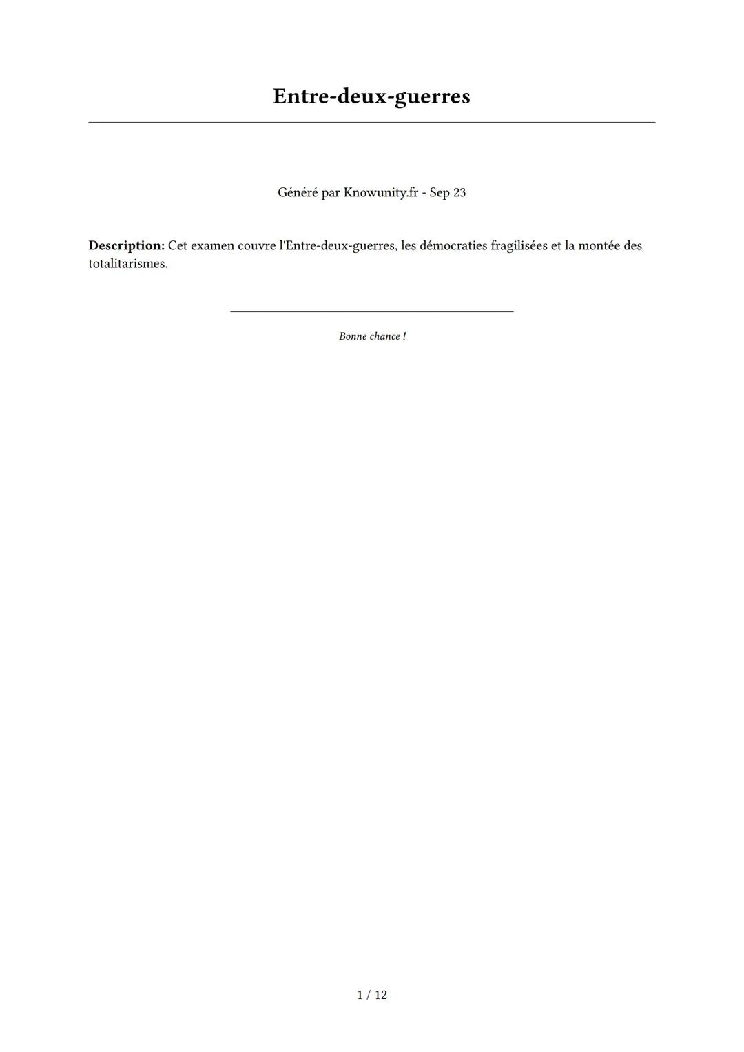 # Entre-deux-guerres

Généré par Knowunity.fr - Sep 23

Description: Cet examen couvre l'Entre-deux-guerres, les démocraties fragilisées et 