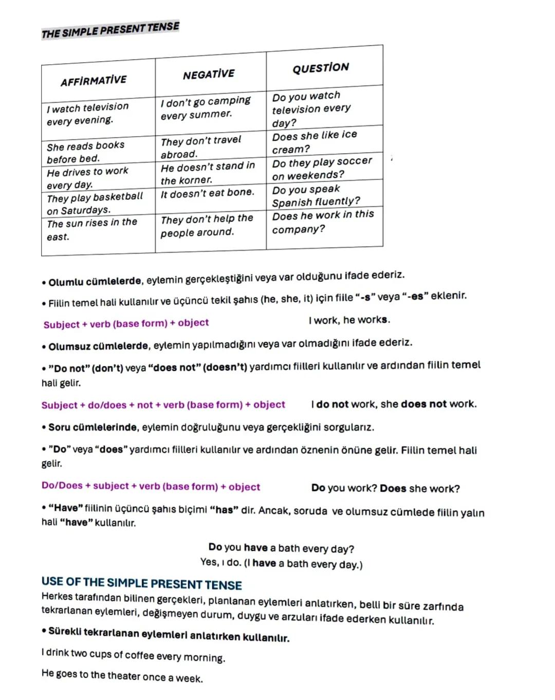 # THE SIMPLE PRESENT TENSE
| AFFİRMATİVE | NEGATIVE | QUESTION |
| ----------- | ----------- | ----------- |
| I watch television every eve