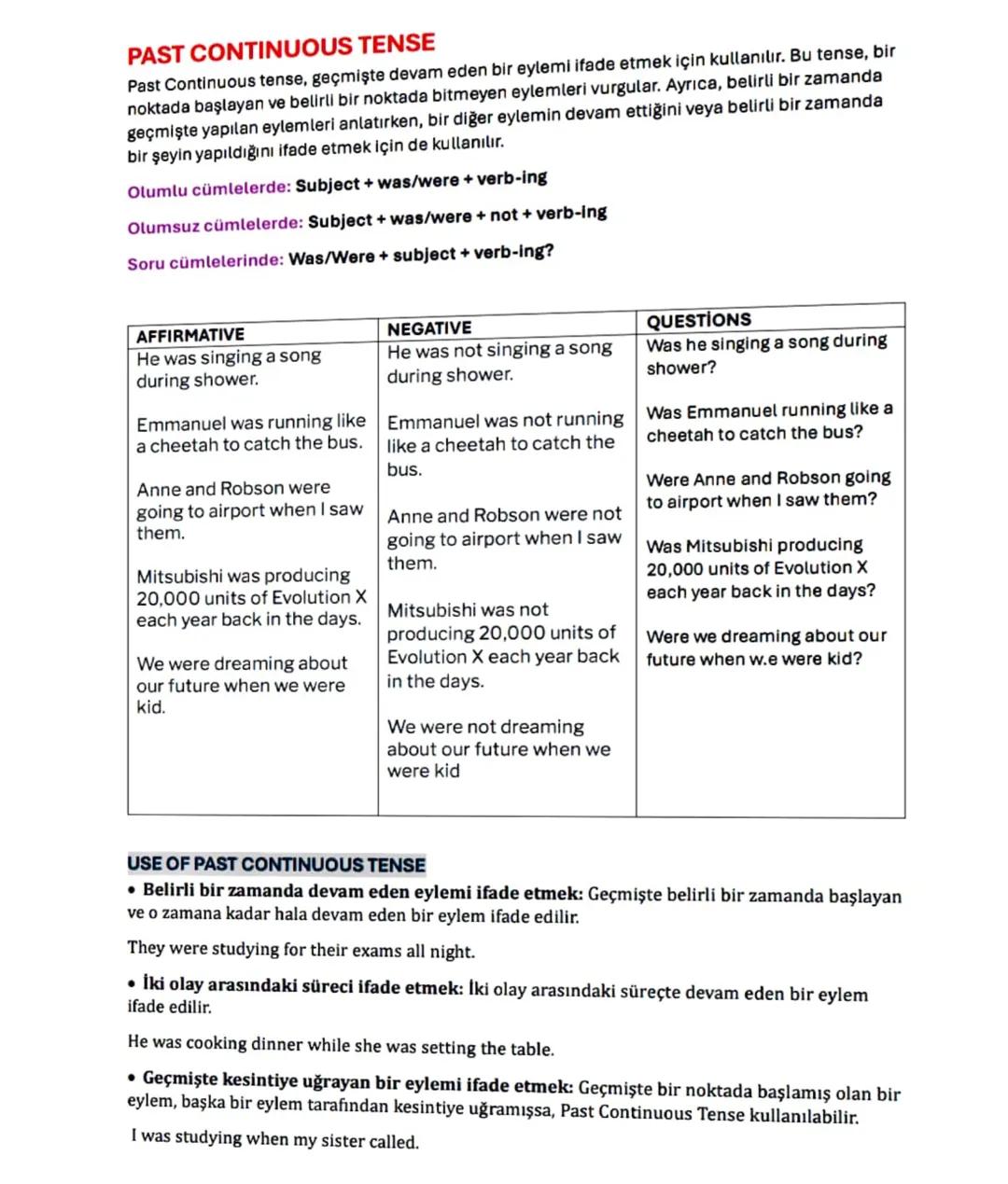İngilizce Past Continuous Tense Ders Notları