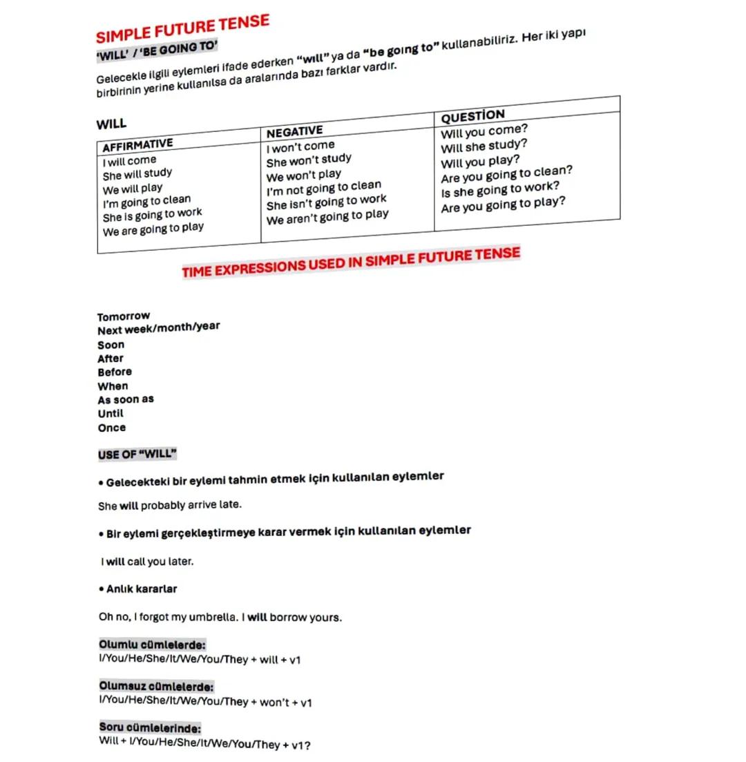 SIMPLE FUTURE TENSE
'WILL'/'BE GOING TO'
Gelecekle ilgili eylemleri ifade ederken "will" ya da "be going to" kullanabiliriz. Her iki yapı
bi