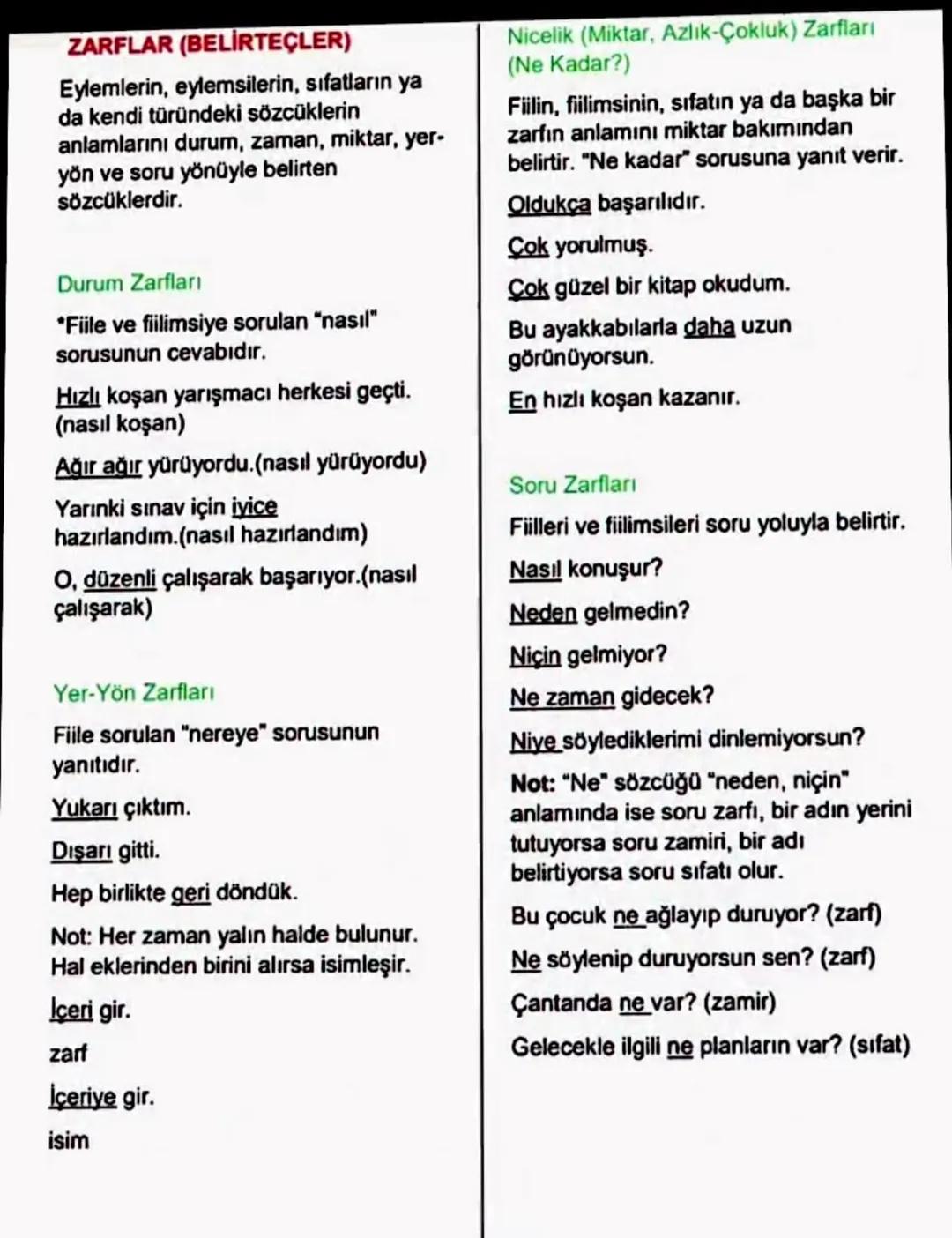 # ZARFLAR (BELİRTEÇLER)
Eylemlerin, eylemsilerin, sıfatların ya
da kendi türündeki sözcüklerin
anlamlarını durum, zaman, miktar, yer-
yön v