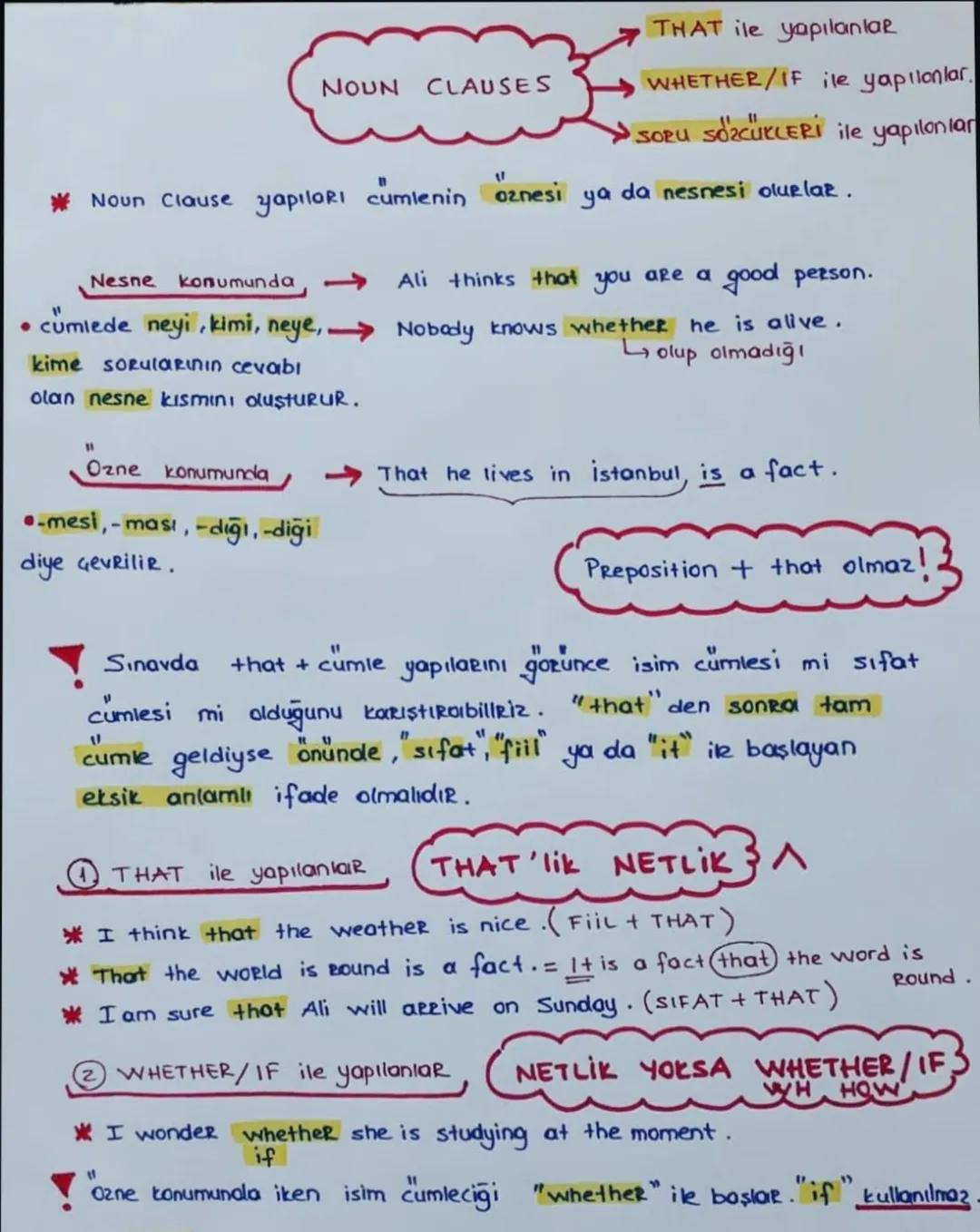 # NOUN CLAUSES
THAT ile yapılanlar
WHETHER/IF ile yapılanlar.
➤ SORU SÖZCÜKLERİ ile yapıloniar
* Noun Clause yapıları cumlenin oznesi ya da