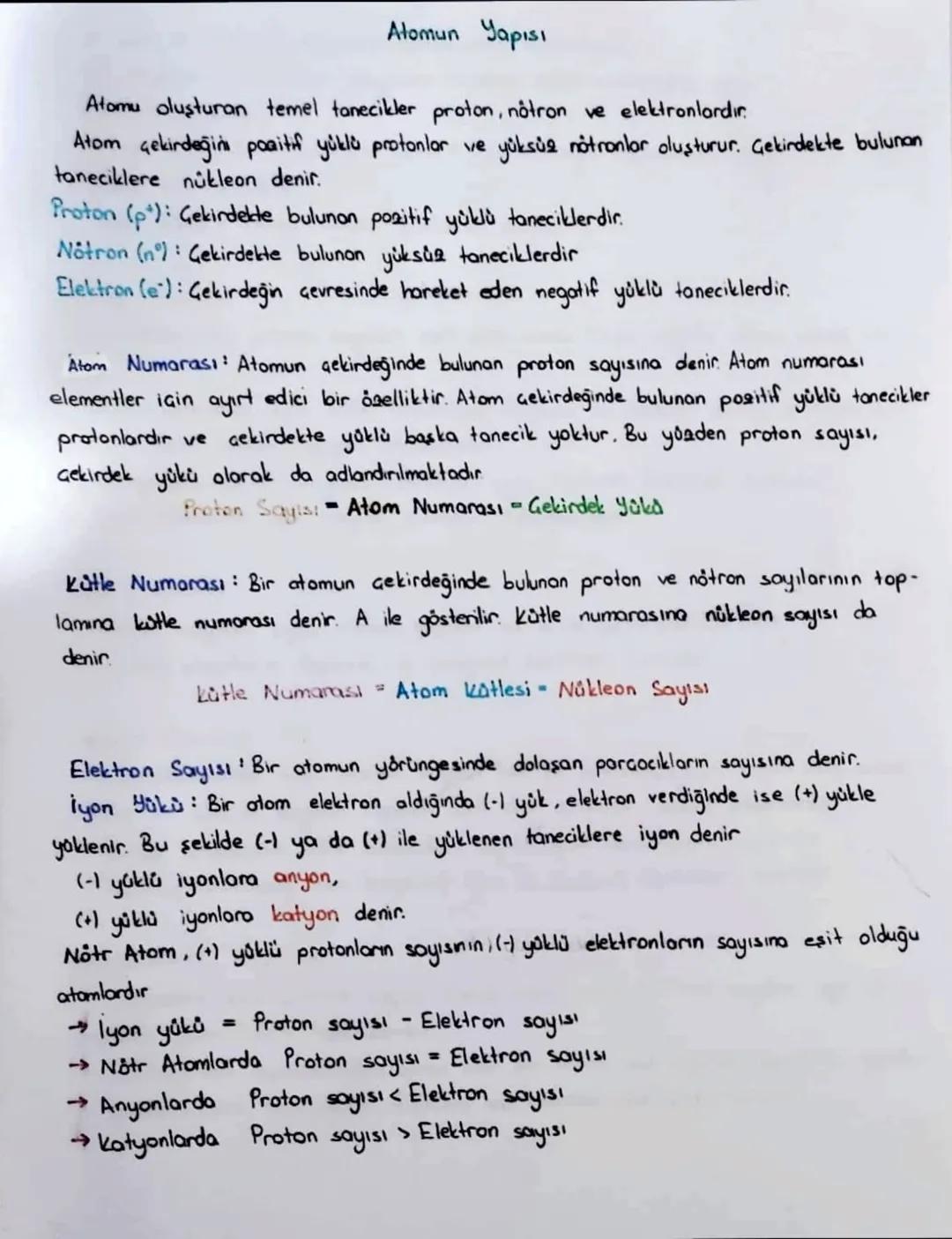 Atomun Yapısı
Atomu oluşturan temel tanecikler proton, nôtron ve elektronlardır.
Atom çekirdeğini pozitif yüklü protonlar ve yüksüe nötronla