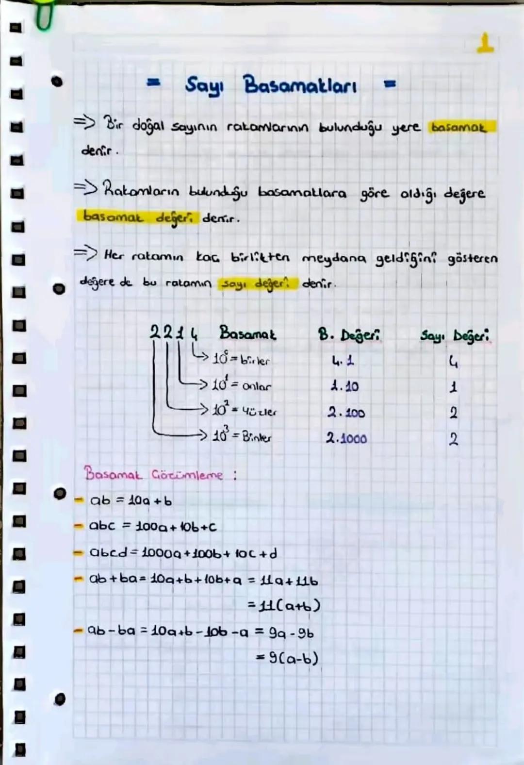 = Sayı Basamakları =
⇒ Bir doğal sayının rakamlarının bulunduğu yere basamak
denir.
Rakamların bulunduğu basamaklara göre aldığı değere
ba