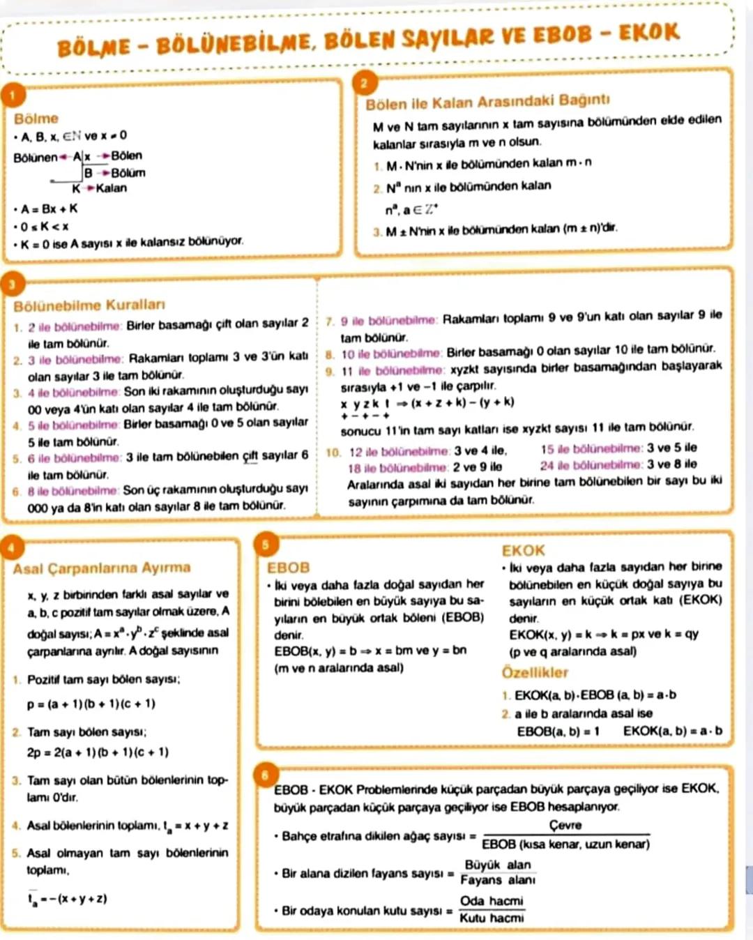 # BÖLME - BÖLÜNEBİLME, BÖLEN SAYILAR VE EBОВ - ЕКОК
1
Bölme
- A, B, x, EN ve x-0
Bölünen Ax Bölen
B-Bölüm
K-Kalan
- A = Bx + K
- 0≤K