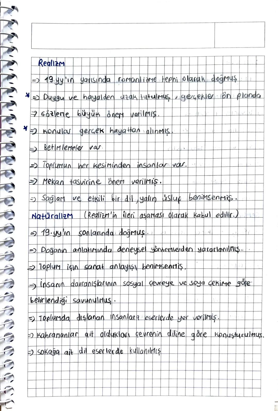 Realizm
=> 19.yy'ın yarısında romantizme tepni olarak doğmuş
*Duygu ve hayalden uzak tutulmuş, gerçekler ön planda
Gözleme büyük önem verilm