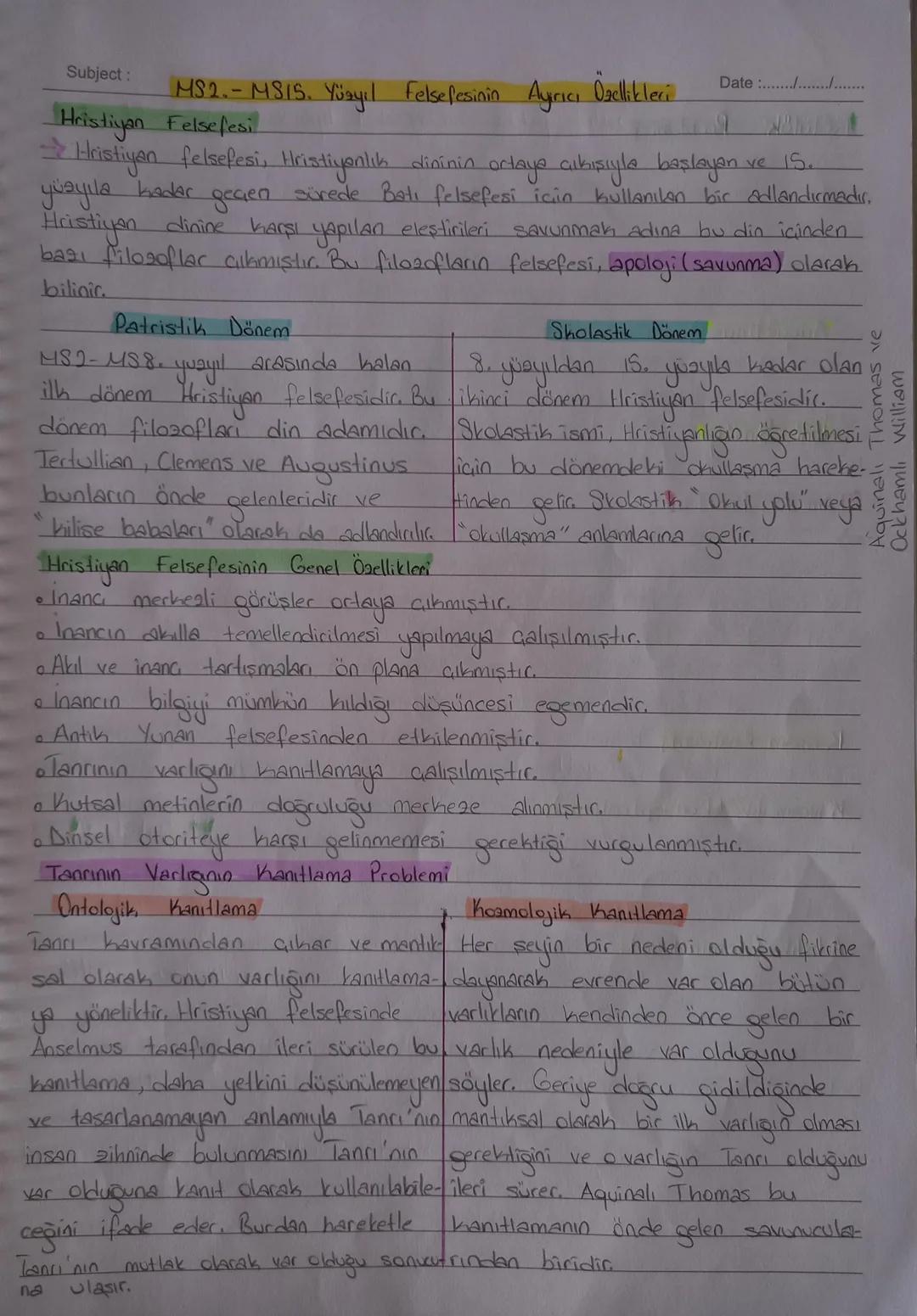 Subject:
Date :......./..............
MS2- MS15. Yüzyıl Felsefesinin ortaya Çıkışı
$
\rightarrow$ Bu dönemde din, felsefenin neredeyse te