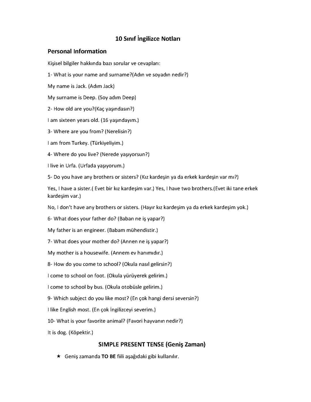 10 sınıf ingilizce ders notu