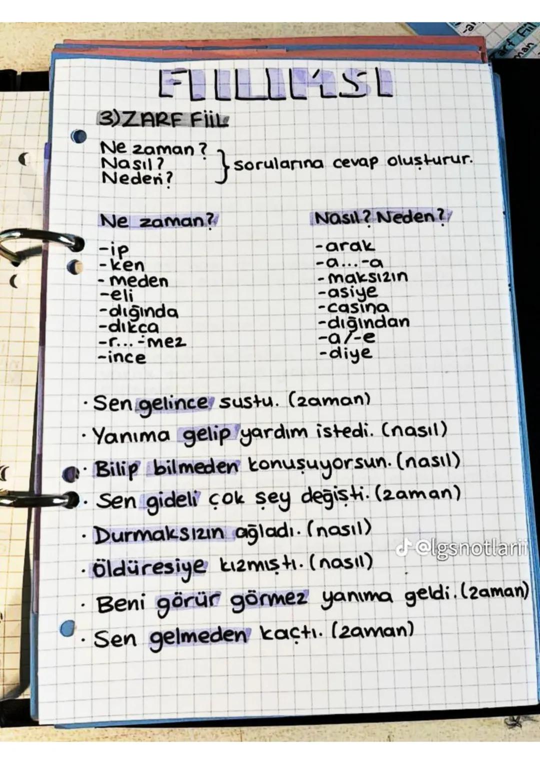 FLLLLLLLSL
3)ZARF FIILL
Ne zaman?
Nasıl?
Neden?
}s sorularına cevap oluşturur.
Ne zaman?
-ip
-ken
meden
-eli
-dığında
-dikca
-r...-mez