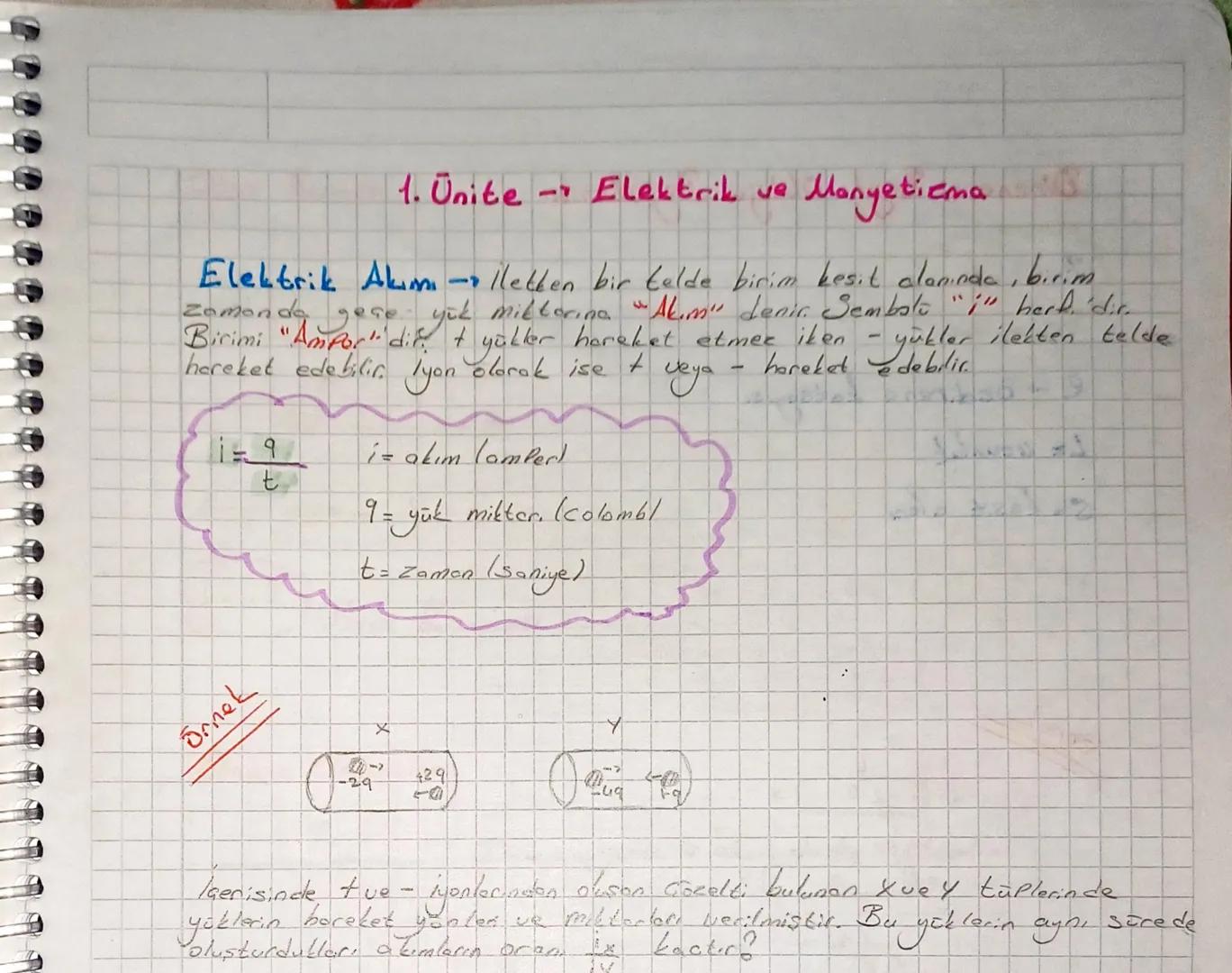 1. Ünite Elektrik ve
Manyetiema
Elektrik Alm - lletten bir telde birim kesit alanında, birim
zamanda geçe yük milloring "Akım" denir. Sembol
