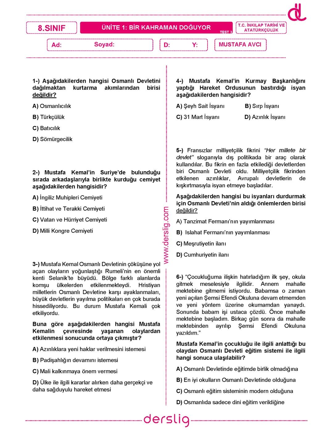 İNKILAP 1 ÜNİTE TEST